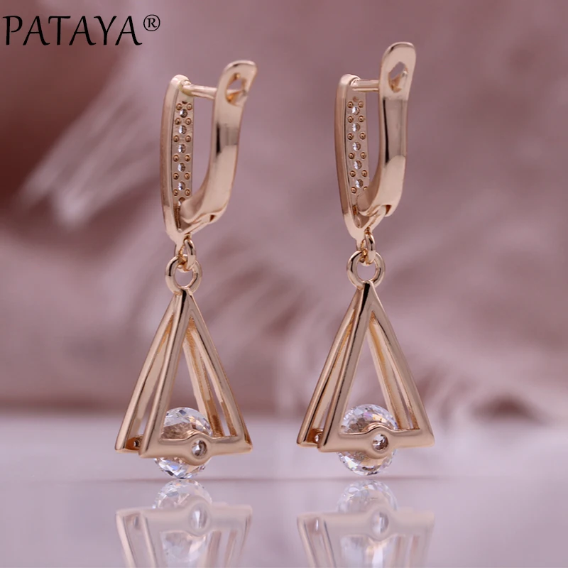 PATAYA New 585 Rose Gold Color Long Pendant Earrings For Women Micro Wax Mosaic Natural Zircon Daily Simple Fashion Jewelry 2022