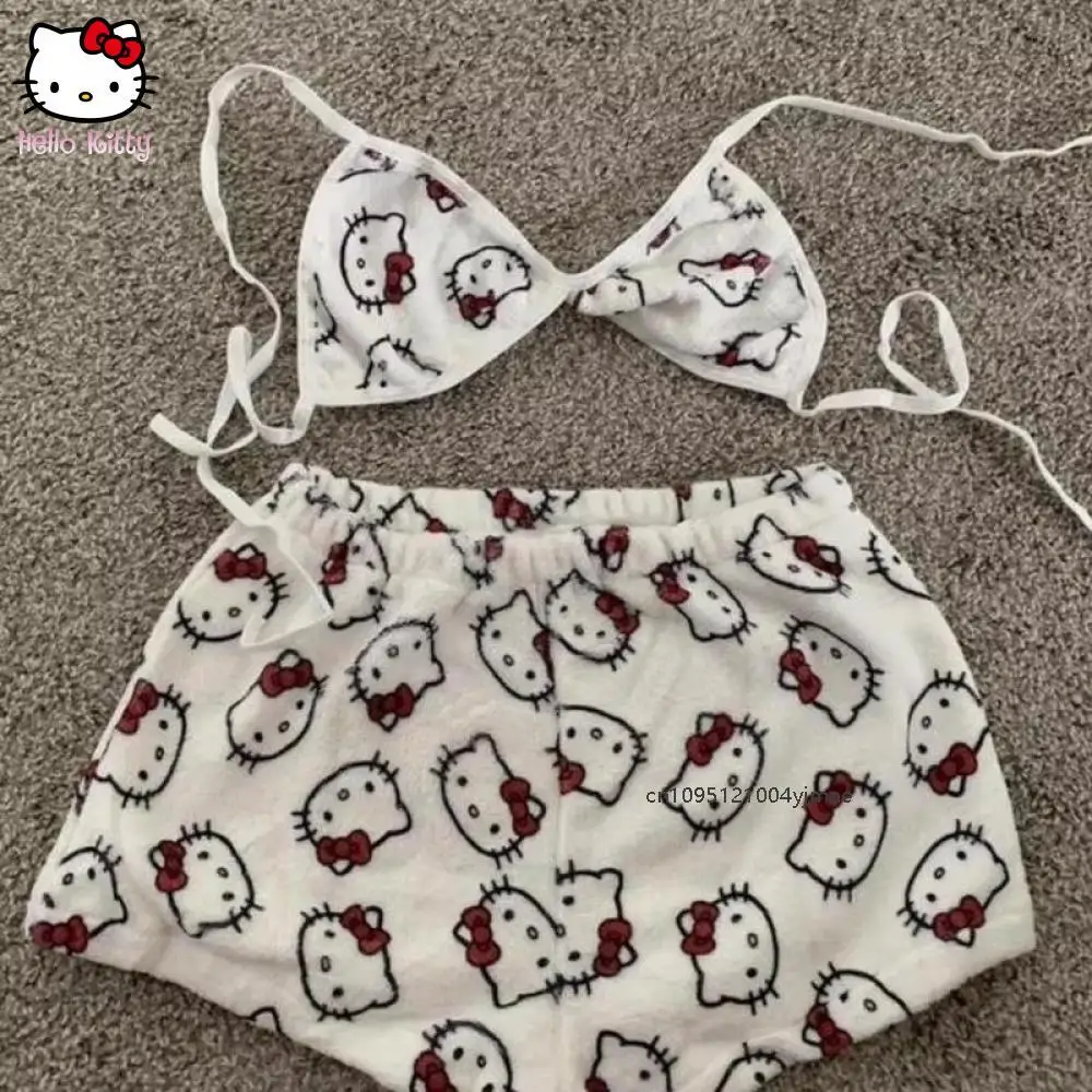 

Sanrio женский пижамный комплект, одежда для сна Hello Kitty, 2 шт., короткие майки и шорты, сексуальная плюшевая домашняя одежда, женские пижамные комплекты с бюстгальтером, милые комплекты