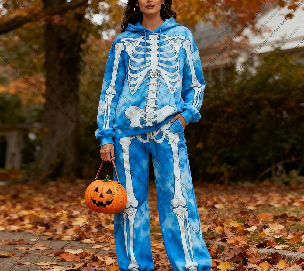 2025 هالوين جديد مقنعين البلوز وسراويل مجموعة مرعبة الهيكل العظمي موضة ثلاثية الأبعاد طباعة الشتاء الربيع مجموعة مهرجان فستان مجموعة #4