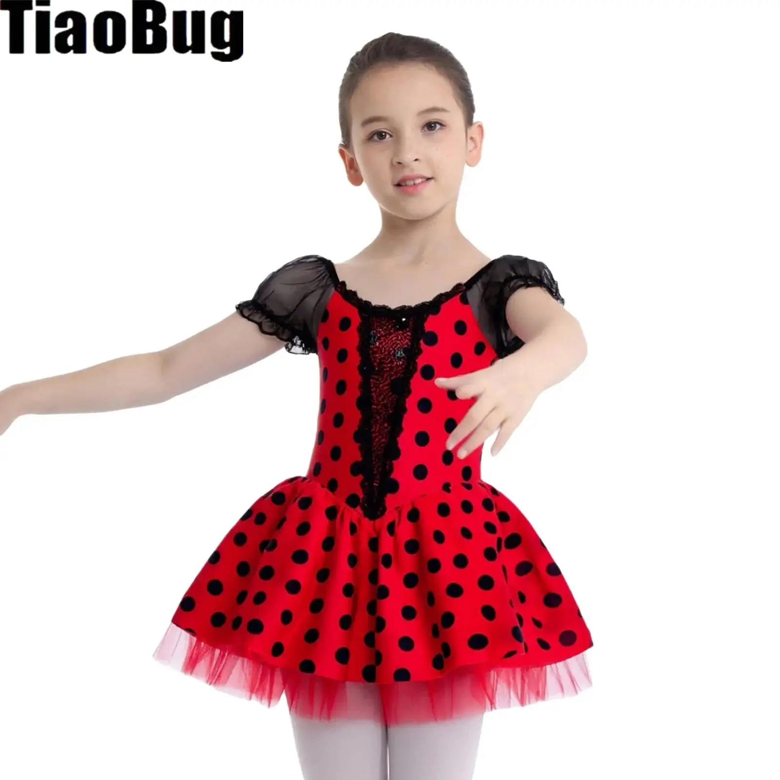 

Kids Girls Tutu Dance Dress Short Puff Sleeves Shiny Sequins Color Block Dots Dress with Built-in Briefs for Ballet Performance