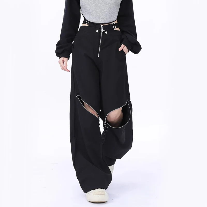 Y2K Fashion Zipper Cargo Pants Women Korean High Waist Streetwear Loose Hollow Out Wide Leg Pants Ins Tide All Match Trousers