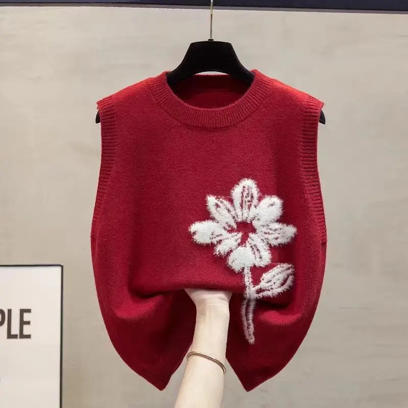 Women\'s Clothing O-Neck Spring Autumn Screw Thread Pullover Sleeveless Sweater Knitted Crochet Flower Embroidered Vest Tops