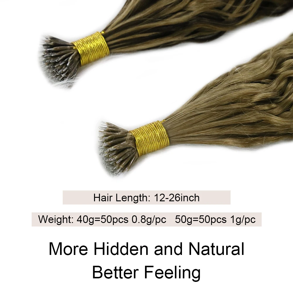 Natural Wave Micro Link Hair Extensions Human Hair for Women 1g/pc 50pcs Nano Ring Human Hair Extension 100% Human Remy Hair 613