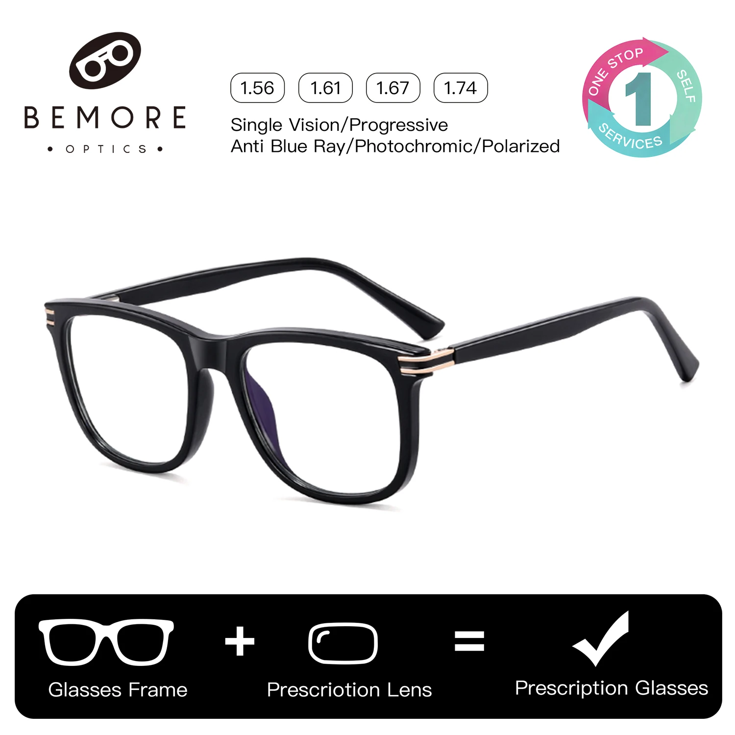 BEMORE Square Optical Glasses with Prescription Man Acetate Anti Blue Light Myopia Photochromic Progressive Eyeglasses