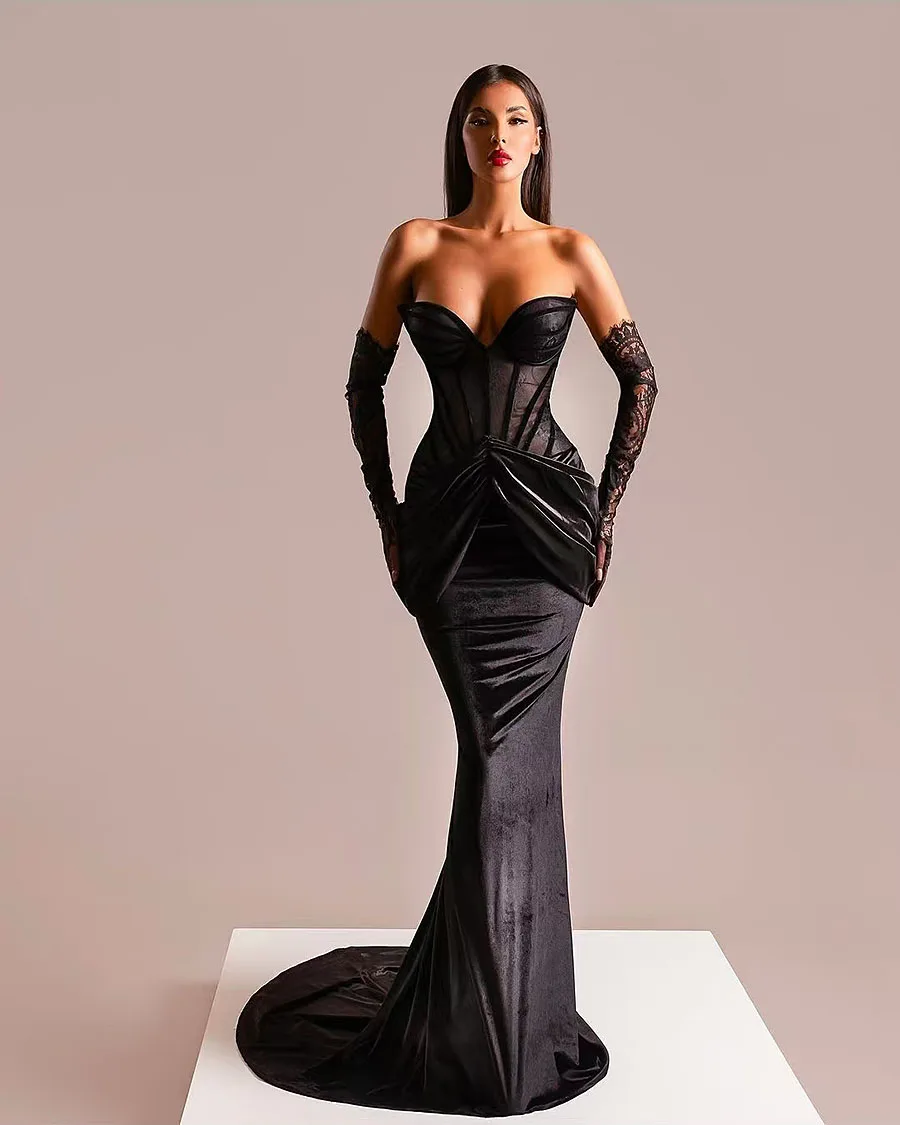 

Strapless Sexy Black Floor Length Prom Dress Lace Mermaid Strapless Special Occasion Evening Dress With Gloves Vestidos de Gala