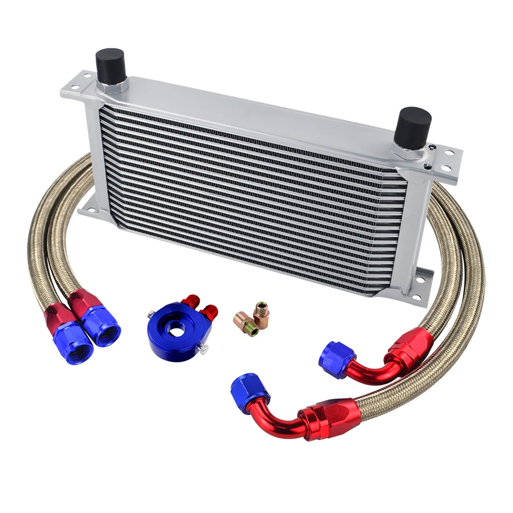 Universal 19 Rows Oil Cooler Kit +Oil Filter Sandwich + Stainless Steel Braided An10 Hose With PQY Sticker+Box