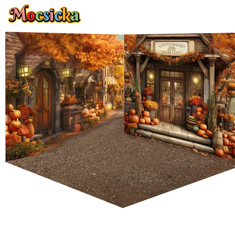 Mocsicka Autumn Street Photography Background Children Adult Photo Props Baby Birthday Autumn Farm Halloween Pumpkin Background