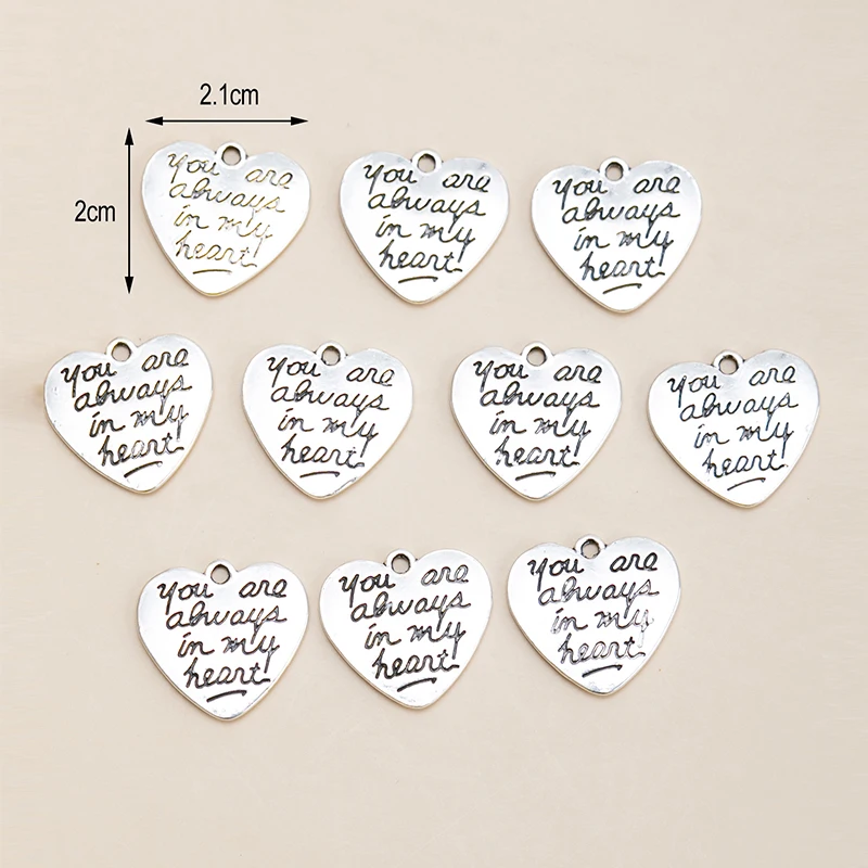 10pcs/lot Silver Color Heart Letter Charms You are always in my heart Pendants DIY Necklace For Jewelry Making Accessories