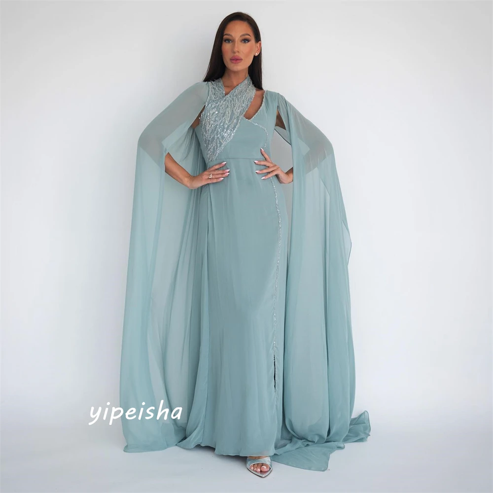 Yipeisha-Robes de soirée en mousseline de soie, licou élégant, paillettes A-ligne, longueur au sol, jupe licou disponible