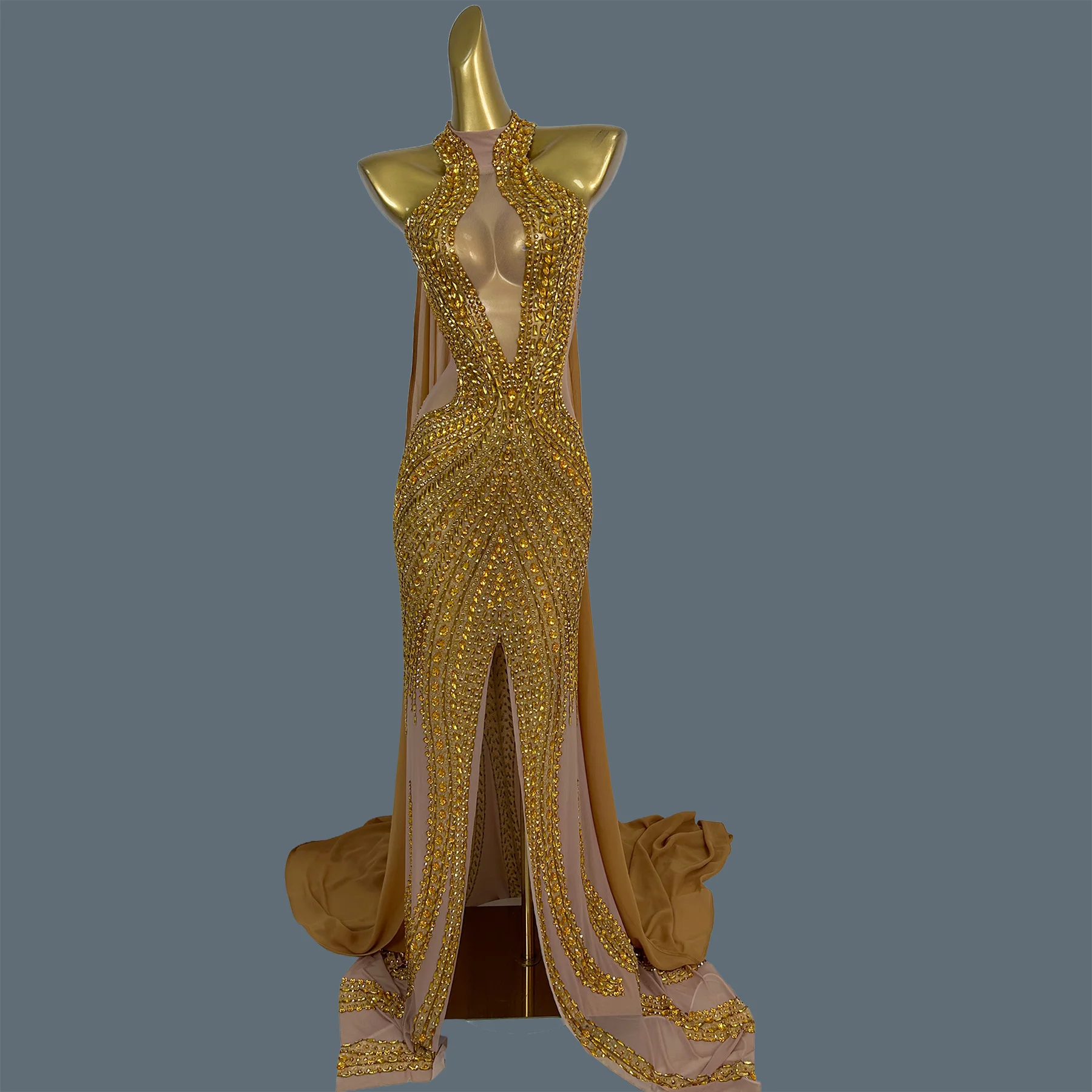 

Luxury Gold Rhinestone Sheer Mesh Mermaid Evening Gown Sexy Women High Slit Floor-length Dress Formal Party Prom Dress Jinchan