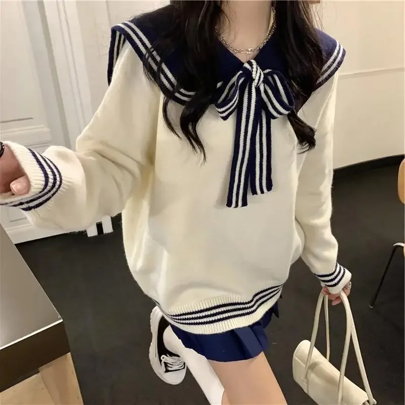 Women\'s Sweaters Gentle Contrasting Color Sailor Collar Bow Knitwears Loose Casual Sweet College Style Pullovers Ladies Clothing