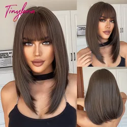 Medium Straight Synthetic Bob Wig Dark Black Brown Short Wigs With Bangs for Women Cosplay Daily Layered Hair Heat Resistant