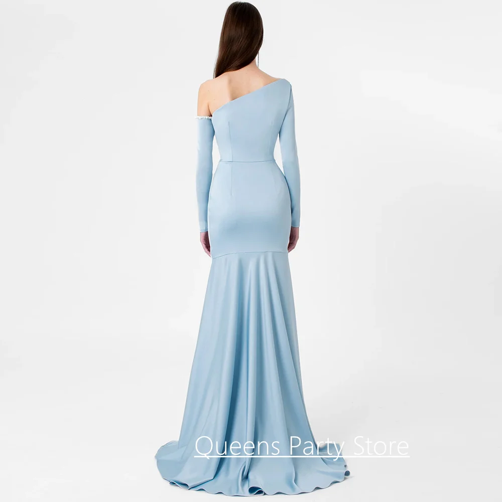 Modern Evening Dress Customized One Shoulder Long Sleeves Pearls Sweep Train Robe De Soiree Formal Party Gown Prom  Dresses