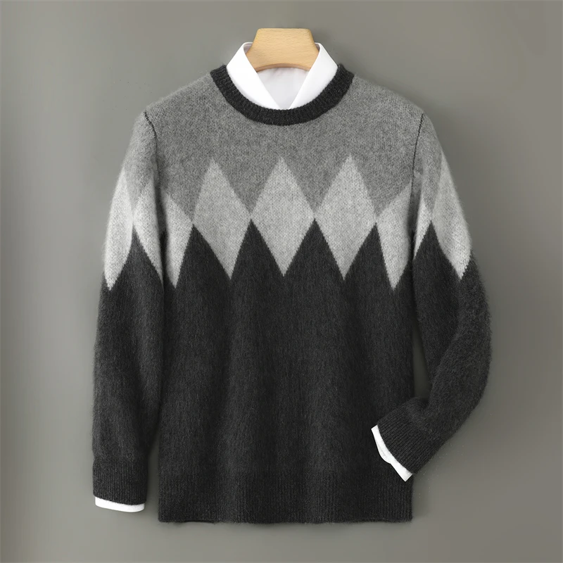 Men's Diamond Jacquard Knit Sweater, Leisure Style Fashion, Color-blocking, Men Pullover, 100% Australian Wool, Autumn, Winter