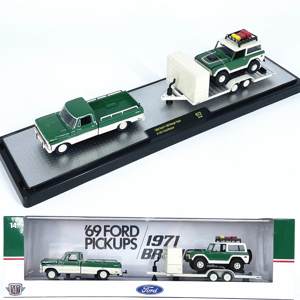 

M2 машины 1/64 1969 Ford F-100 Ranger грузовик 1971 Ford Bronco R72 зеленый белый литой Сплав Коллекционная модель автомобиля подарок