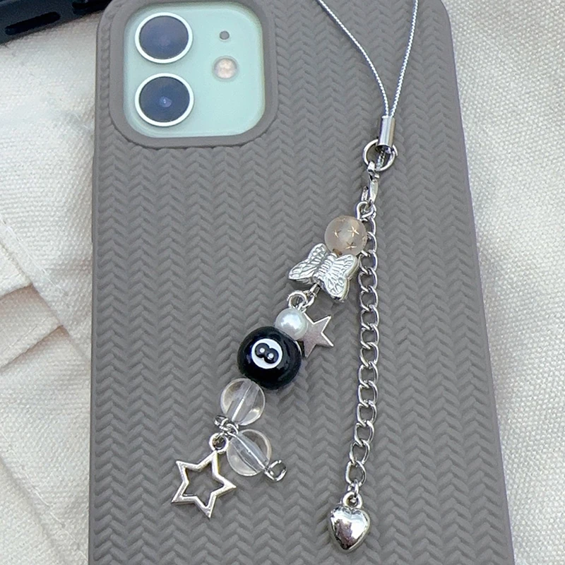 1PC Fashion Cool Sweet Star 8 Ball Pearl Beaded Mobile Phone Chain Y2K Heart Charms Exquisite Bag Pendant Jewelry Gift Keychain