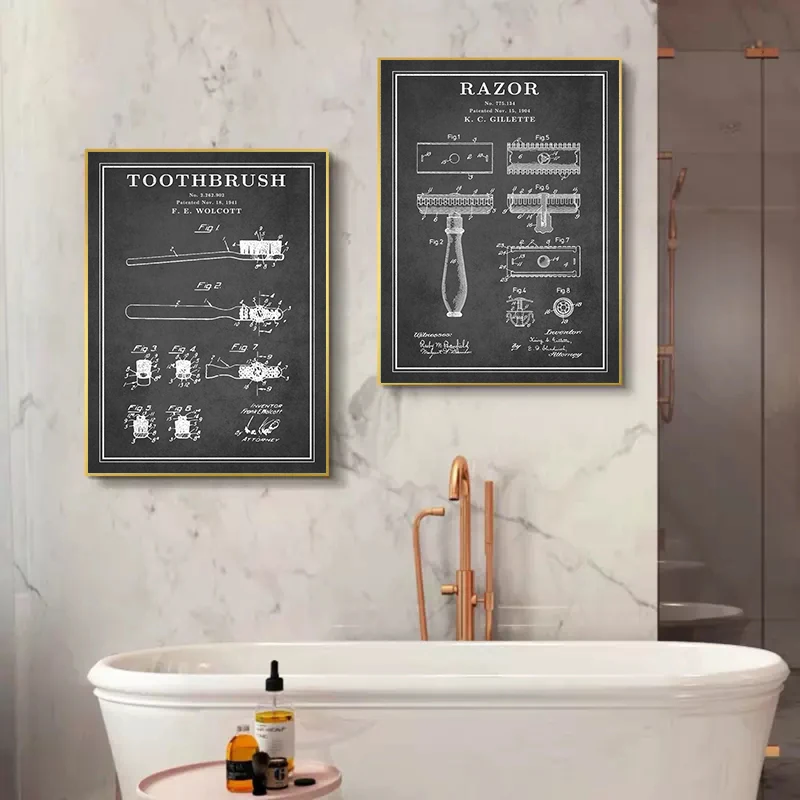 Black And White Bathroom Patents Poster Canvas Painting Minimalist Toilet Seat Razor Paper Roll Wall Art For Home Room Decor