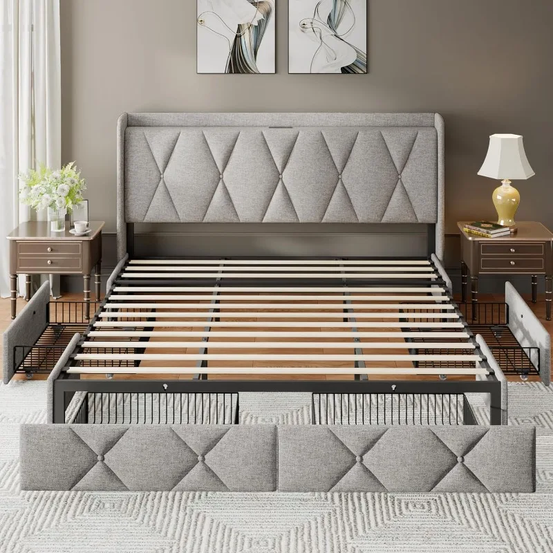 King Size Bed Frame with 4 Storage Drawers, Upholstered Platform Bed with Charging Station, Wingback Storage Headboard