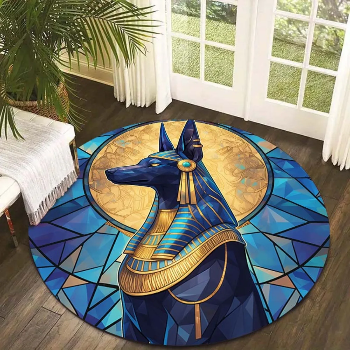 Egyptian God Anubis Geometric Art Round Rug Flannel Living Room Bedroom Decor Ancient Mythology Floor Mat Luxury Home Accent