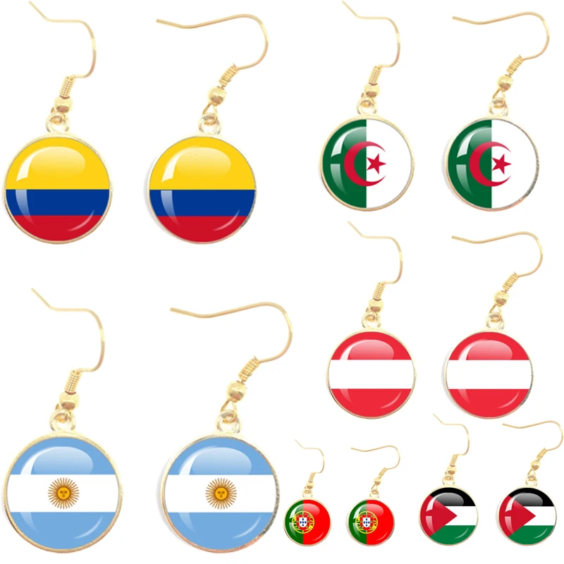 Senegal, New Zealand,Colombia,Iran Etc National 16mm Hand made Round earring Alloy Glass Earring  Jewelry Women Gift