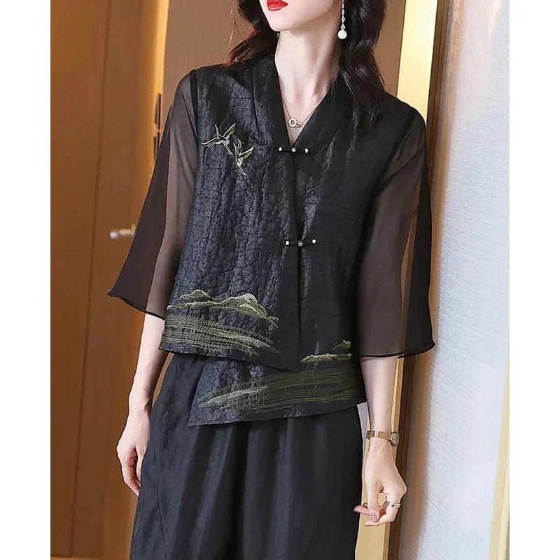 Women Silk Vintage Embroidered Asymmetrical Blouses Spring Summer Elegant Chinese Style Design Cardigan Shirts Blusa Mujer Moda
