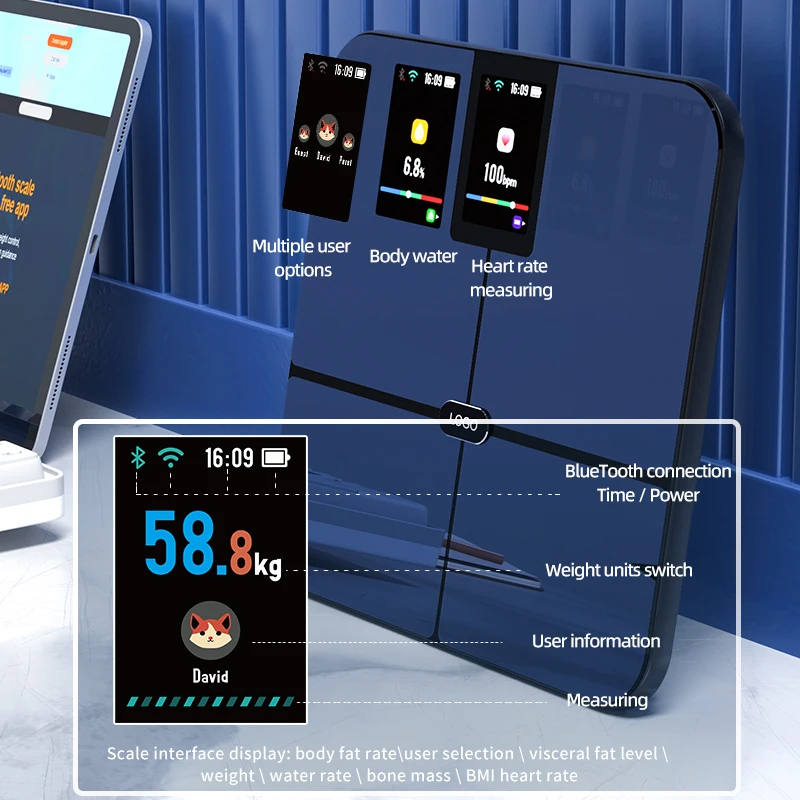 TFT Screen WIFI Body Weight Scales,Body Fat Scales,Smart BMI Scales Fat Water and Muscle,Weight Scales with 16 Body data Heart