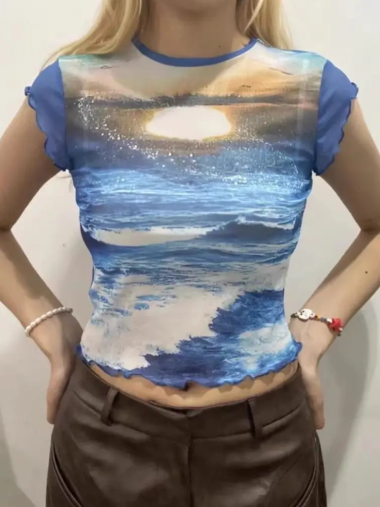 

Korejpaa Y2K Одежда Футболка Закат Короткие синие сетчатые футболки с принтом Верхняя одежда Повседневные утягивающие сексуальные топы с коротким рукавом Летняя футболка