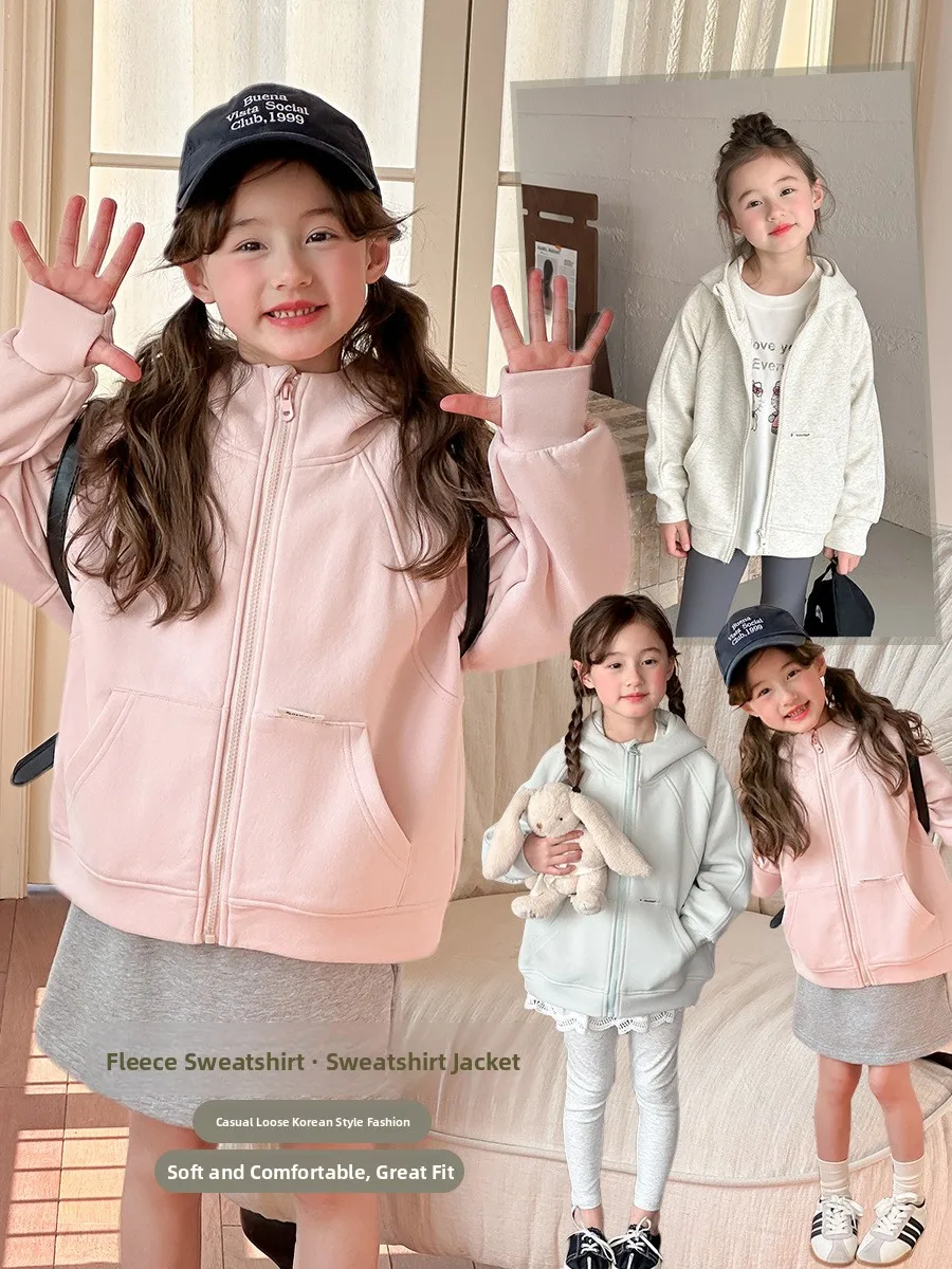 Beifur Children's Hooded Zipper Jacket Girls' Casual Versatile Spliced Open Cardigan Top Trendy Autumn Wear Matching