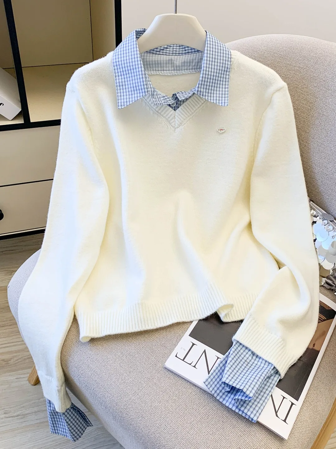 

Свободный вязаный свитер, женский клетчатый отложной воротник, ленивый сарафан, осень-зима, маленький размер, искусственный двухсекционный трикотаж, корейская версия