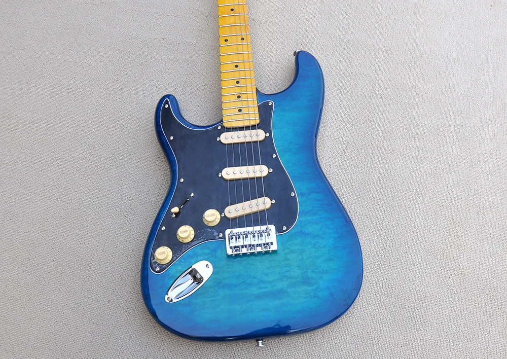 6 Strings Blue Left Hand Electric Guitar with Quilted Maple Veneer,Yellow Maple Fretboard,Can be Customized