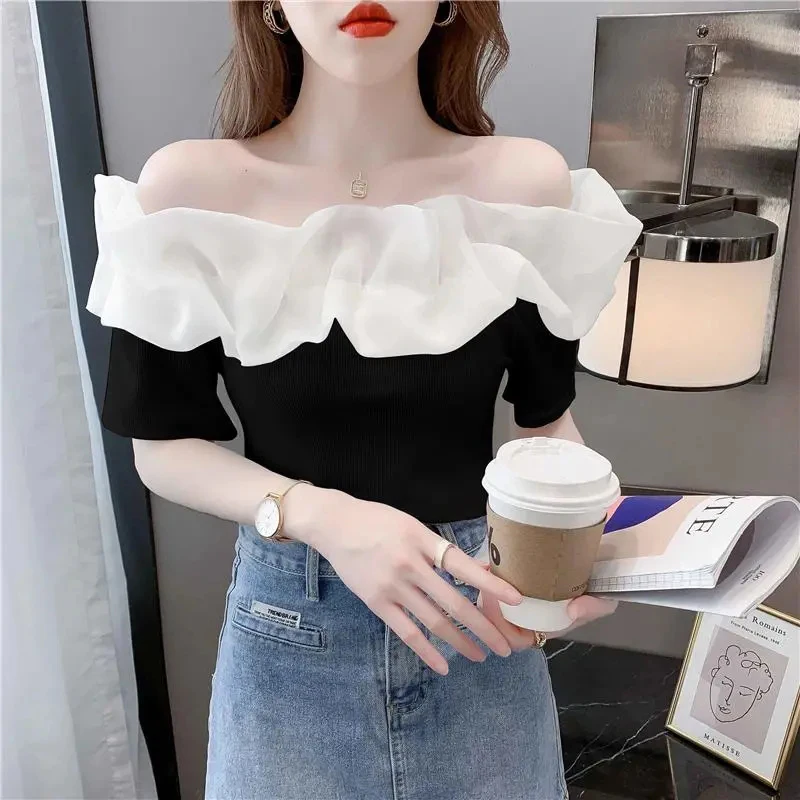 Women Slash Neck Shirt Korean Sexy Off Shoulder Patchwork Short Sleeve Female Blouse Fashion New Ruffles All Match Ladies Shirt