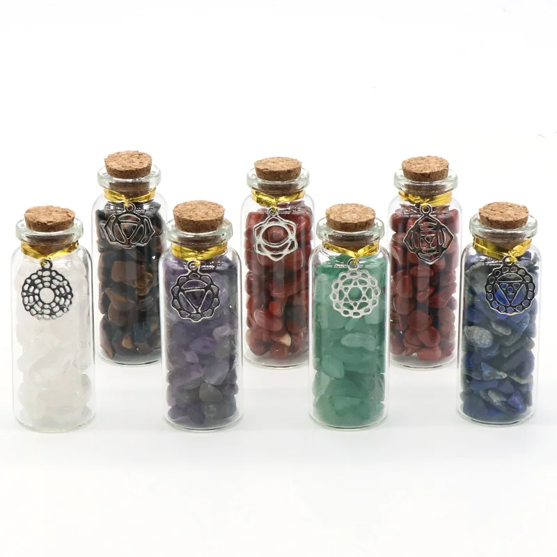 7pcs Mini Glass Wishing Bottles Tumbled Gemstone Crystal Chips 7 Chakra Stones Set Real Rocks and Crystals Collection