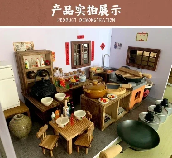 Doll House Miniature Kitchen Accessories Chinese Simulation Cooking Stove Cookware Model Miniature Tableware Seasoning Pot Bjd