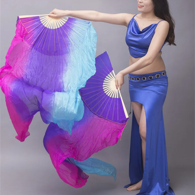 

1 Pair Belly Dance Fuchsia Purple Turquoise Real 100% Chinese Silk Fans Veils for Women Performance Costumes Stage Party Show