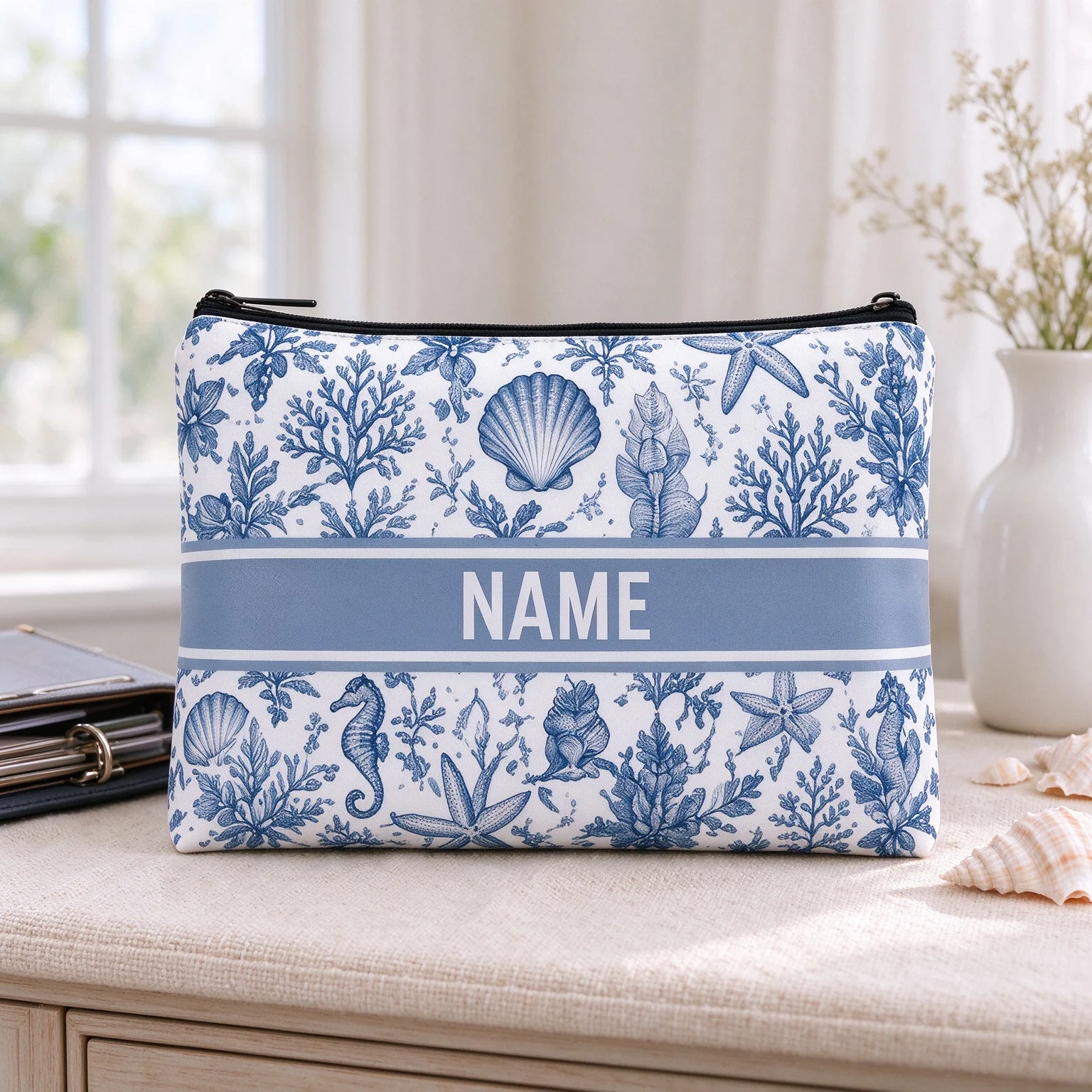 Personalized Ocean Creature Makeup Bag Custom Name Cosmetic Pouch Seashell Seahorse Starfish Travel Toiletry Bag Women