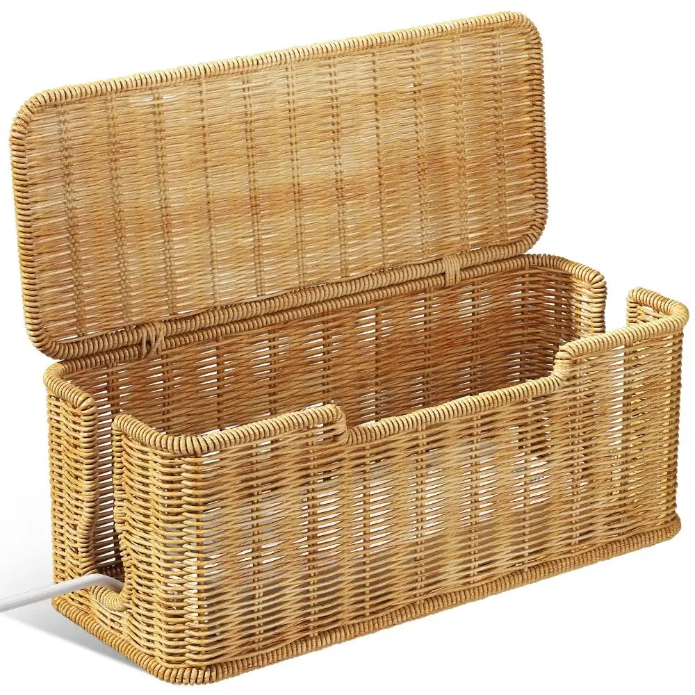 Handwoven Cable Management Box with Lid 2 Open Slots Imitation Rattan Box Hide Power Strip and Router Cord Organizer Hider Box