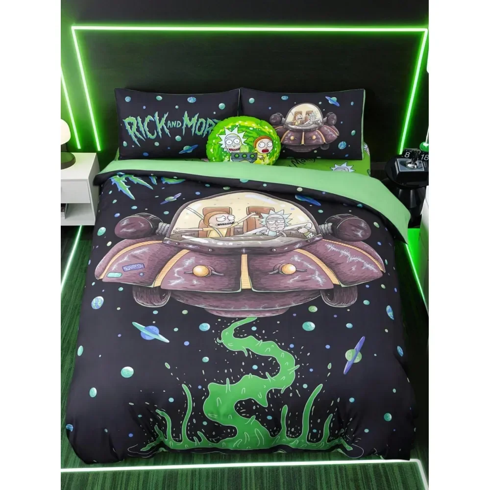 

and Morty X 3pcs Bedding Set, Planet Pattern Green Duvet Cover, Soft Breathable, Warm, Fits Various Bed Sizes