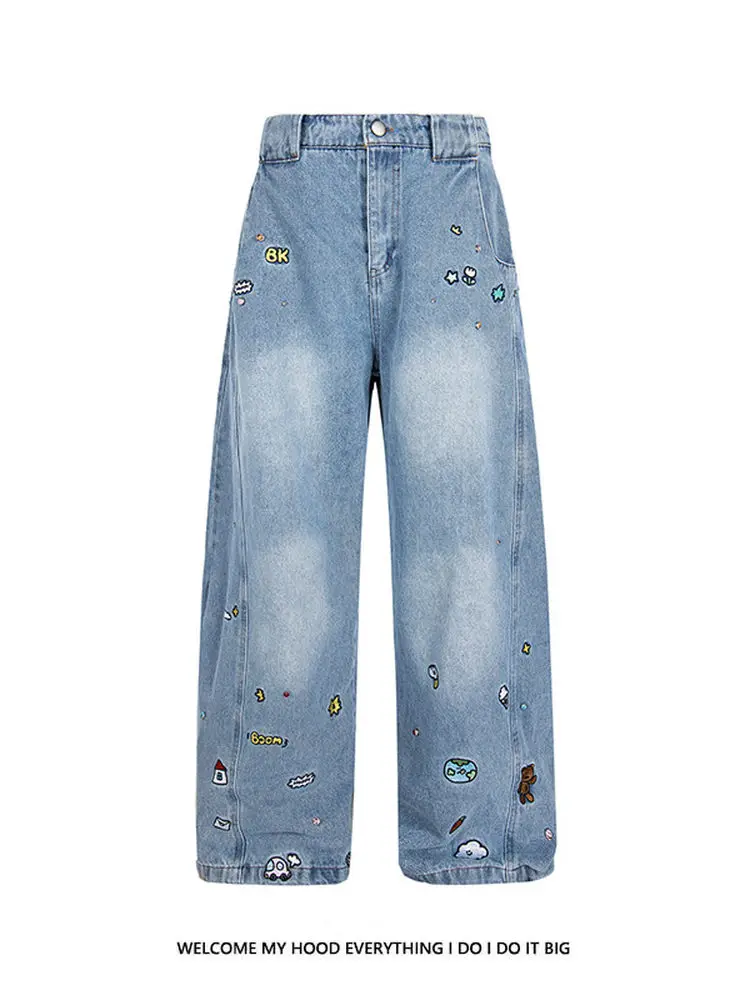 

Retro American Cartoon Embroidery Wide Leg Jeans Men Women Spring Autumn Loose Versatile Waed Casual Long Pants