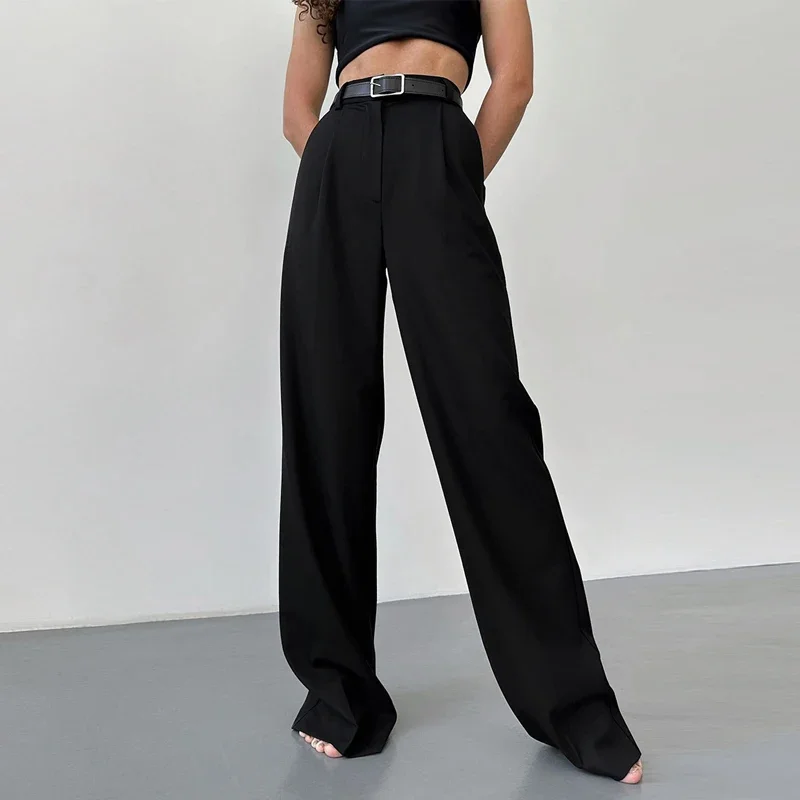 MSCSZ-Pantalon Noir Élégant pour Femme, Taille Haute, Droit, Coupe Slim, Tenue de Travail, Bureau