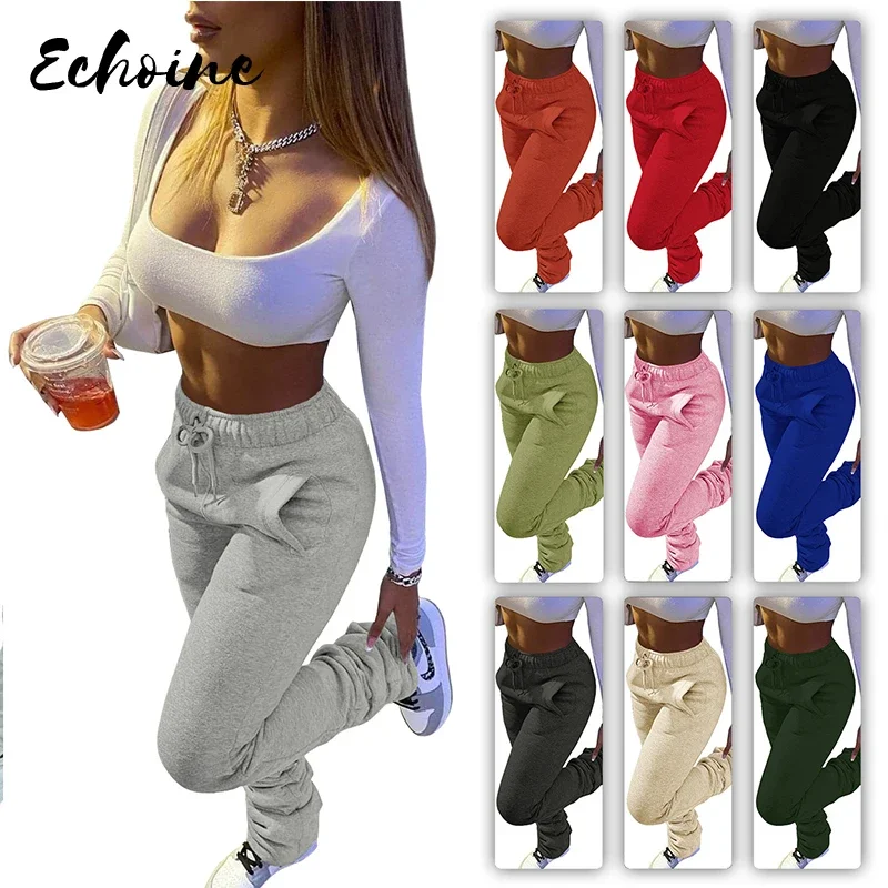 Stacked Sweatpants Women's Fleece Thick Sports Fitness Drawstring with Pocket Streetwear Flare High Waisted Pants Sweatpants