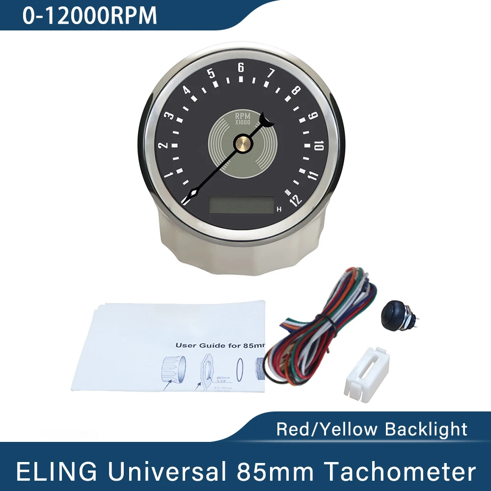 ELING 85mm Tachometer Gauge with LED Hourmeter Adjustable 0-8000RPM 0-12000RPM 12V 24V for Marine Boat Motorcycle