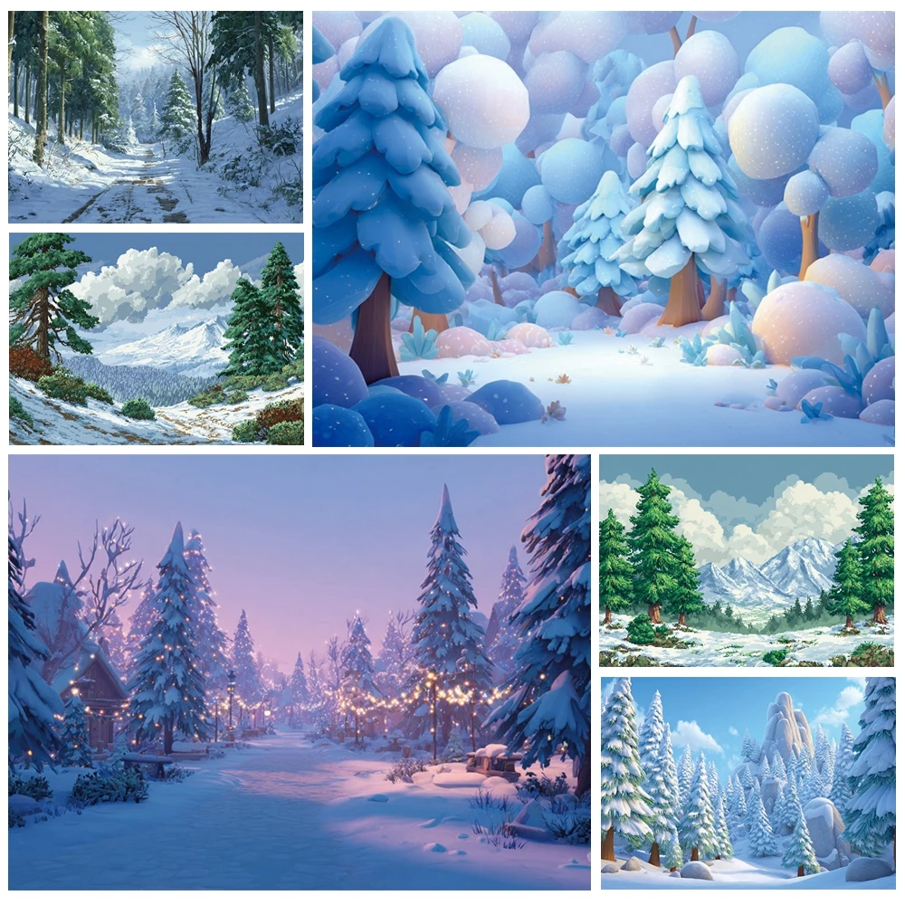 

MOON.QG Blue Snow Winter Pine Backgrounds Photographs Forest Christmas Cartoon Backdrop Studio Photo Party Accessories Poster