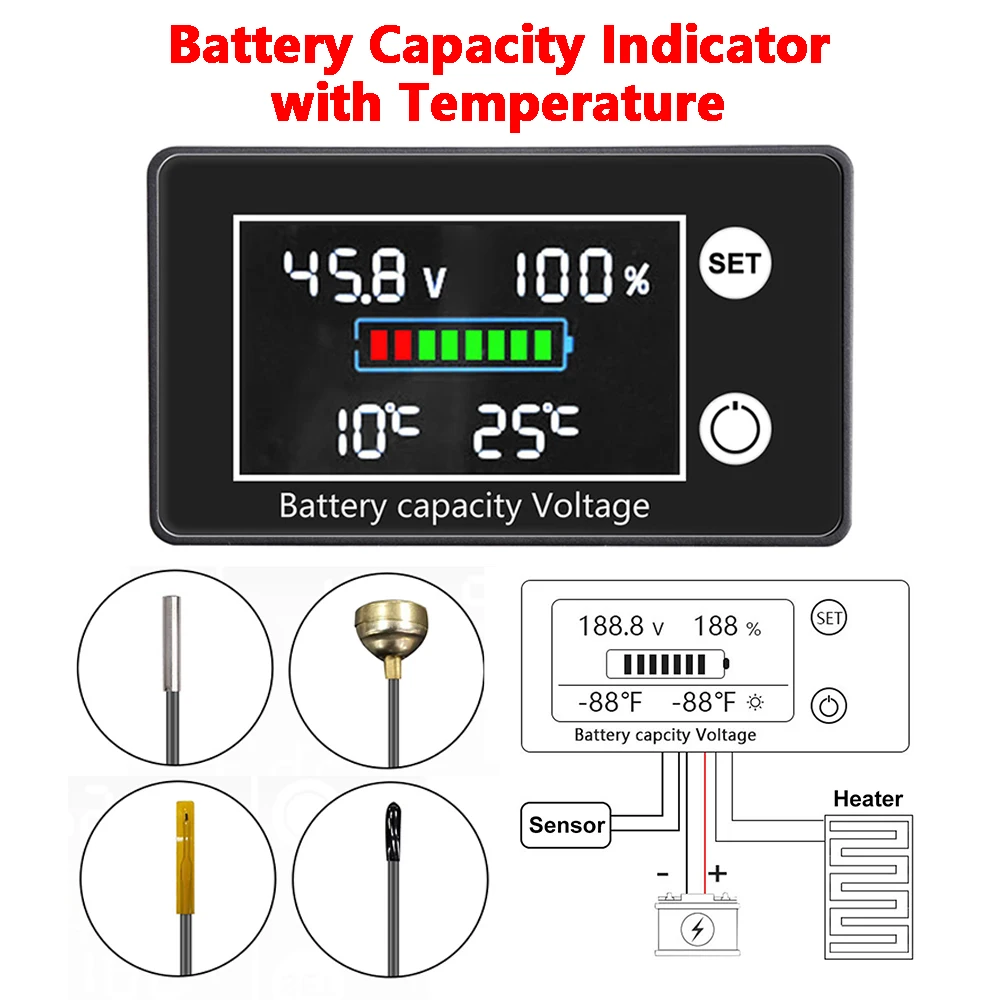 DC10V-100V Battery Capacity Indicator Battery Voltmeter Volt Temp Battery Monitor Lead-acid Lithium Detector 12V 24V 48V 72V 84V