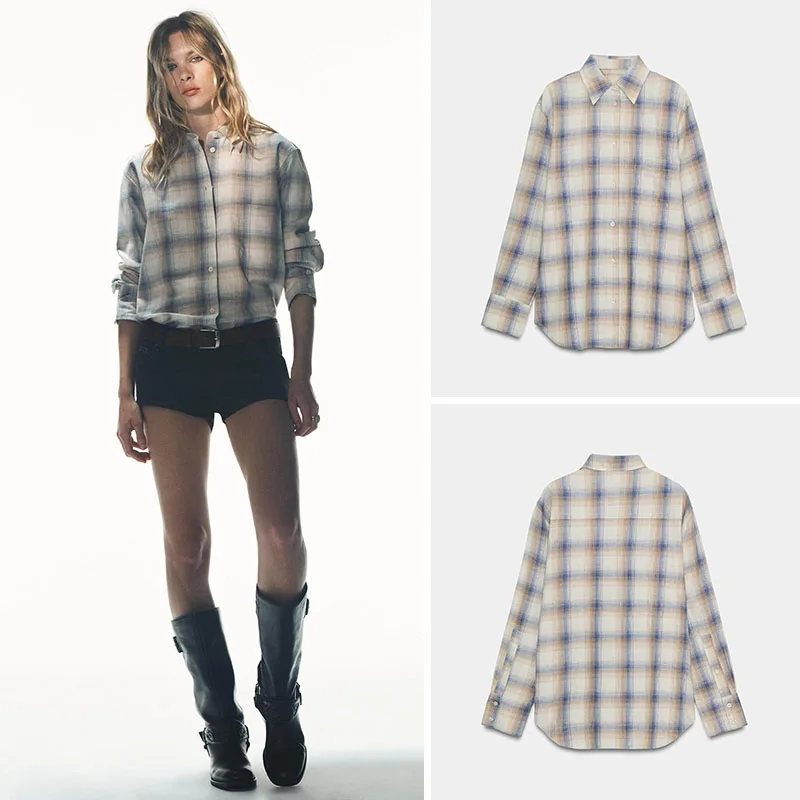 

Весенняя новинка: женская повседневная рубашка в клетку с длинным рукавом, свободного кроя, с отложным воротником, модная, в этническом стиле