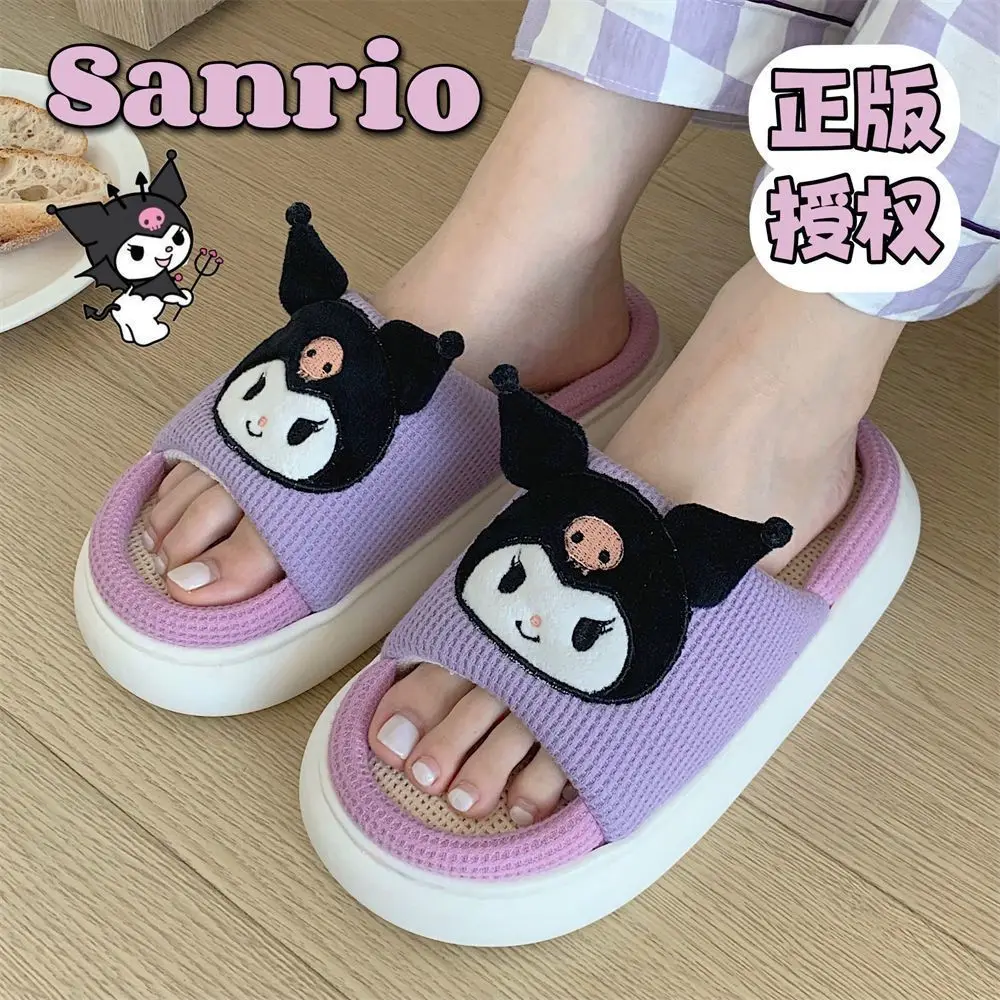 Cartoon Linen Slippers Sanrioed Hello Kitty Anime Kawaii Kuromi Cute Home Shoes Girls Non-Slip Thick Sole Shoes Summer Sandals