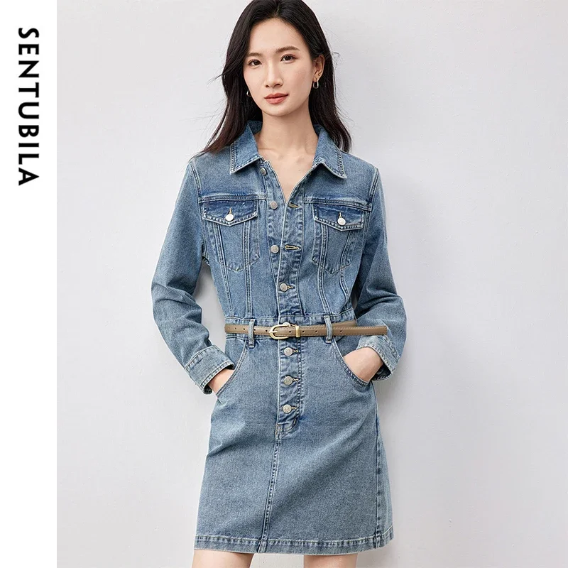SENTUBILA 100% قطن فساتين من قماش الدنيم للنساء 2025 ربيع خريف خمر موضة غسلها الدنيم زر فستان قصير مع حزام W51L58769