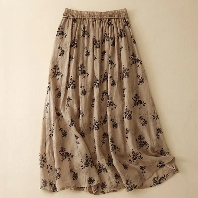 Women Summer Casual Skirt New Arrival 2024 Vintage Style Floral Print Basics High Waist Female A-line Long Skirts B3903