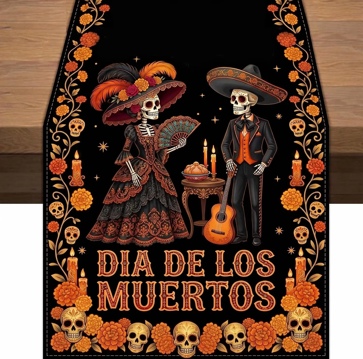 Chemin de table en lin pour l'Altar du Jour des Morts mexicain, décoration de fête réutilisable pour la cuisine et la salle à manger, décoration du Jour des Morts