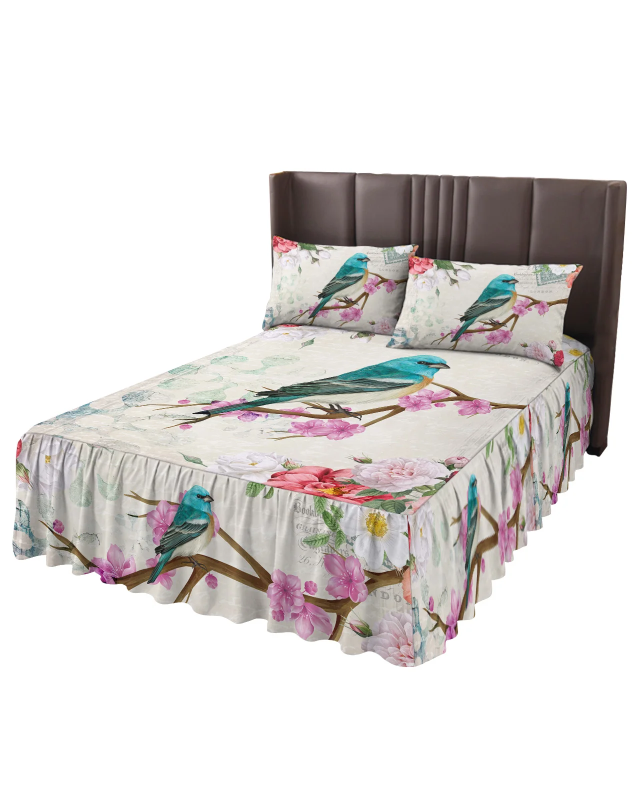 Vintage Flowers And Birds Bed Skirt Elastic Fitted Bedspread With Pillowcases Bed Protector Mattress Cover Bedding Set Bed Sheet