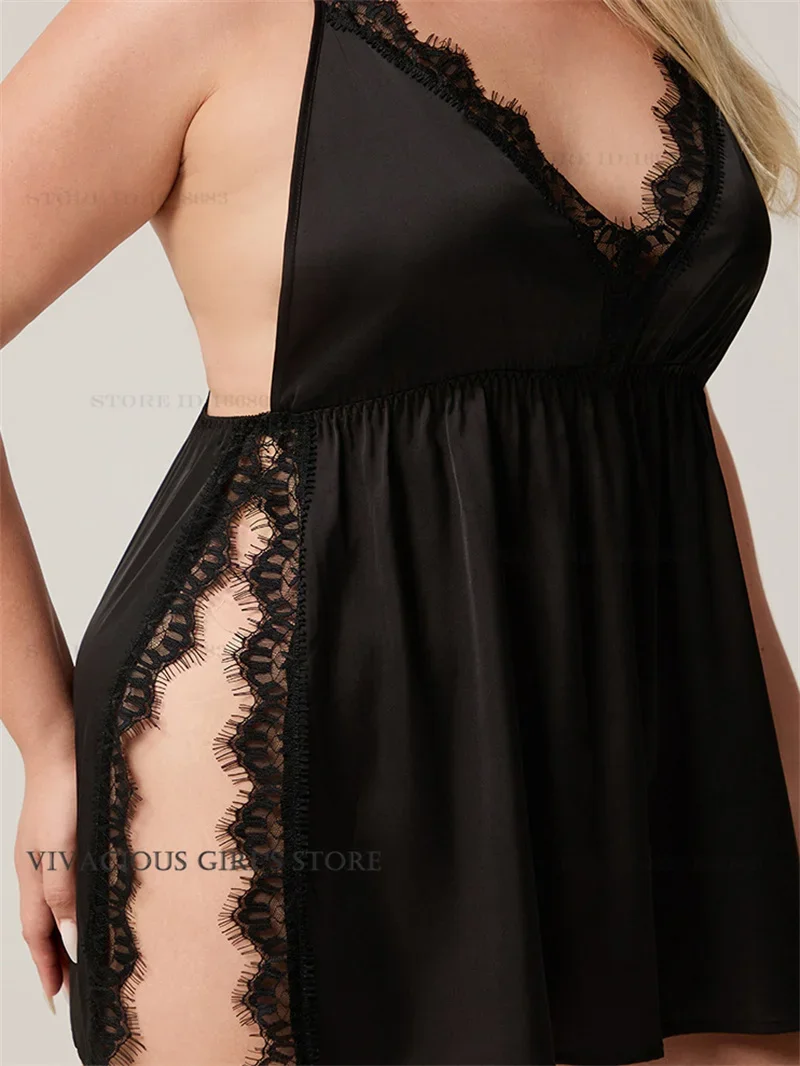 

Women's Lingerie Nightgown Sexy Lace Split Spaghetti Strap Nightdress Chemise Sleepwear Plus Size Loose Ice Silk Loungewear
